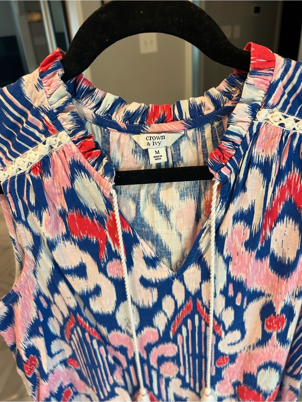 crown & ivy Blue White Pink Printed Sleeveless Ruffle-Hem Dress - Picture 3 of 9